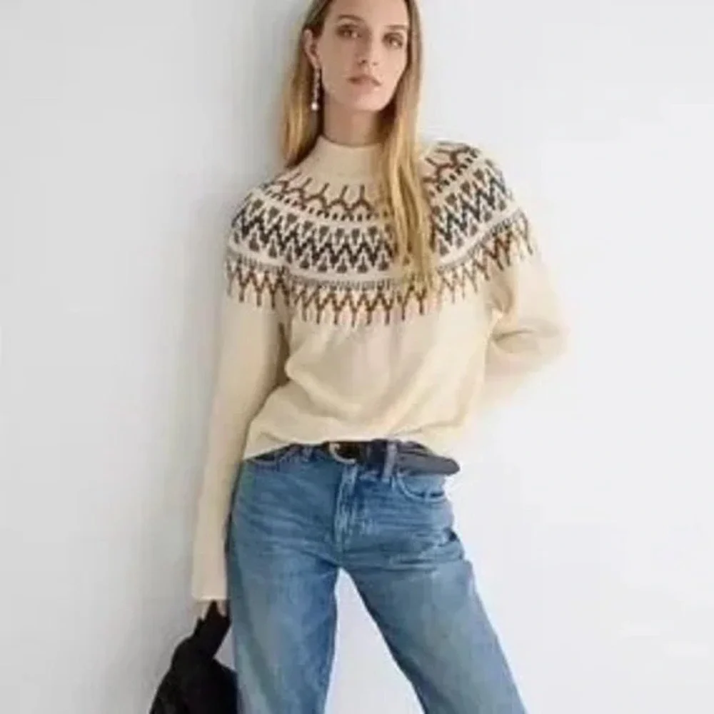 J.Crew | Fair Isle Mockneck Pullover Sweater Small Cream BM179 Lambswool